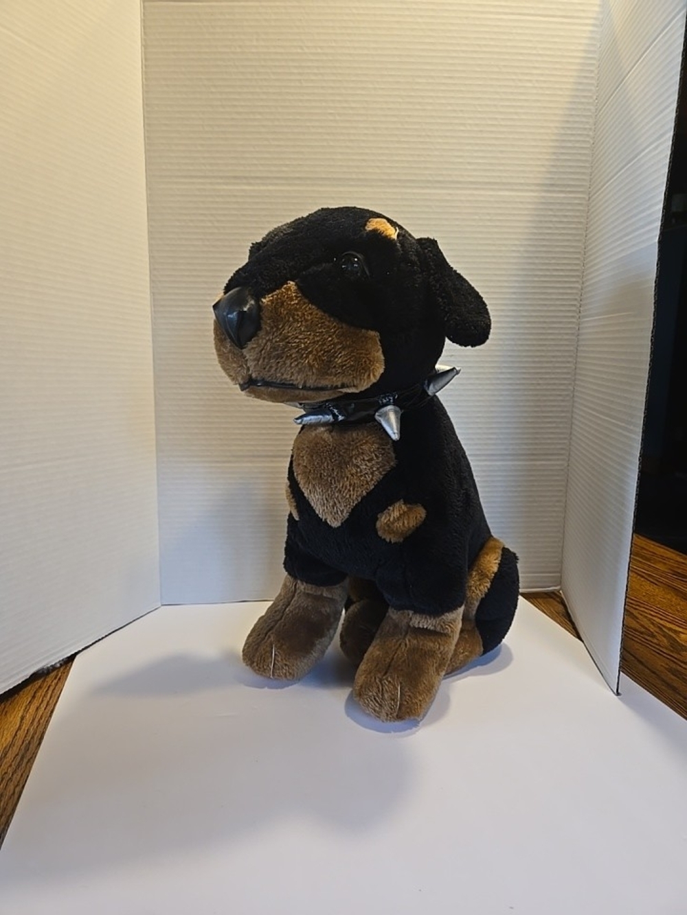 Plush Doberman Dog Toy in Black and Brown with Spike Collar